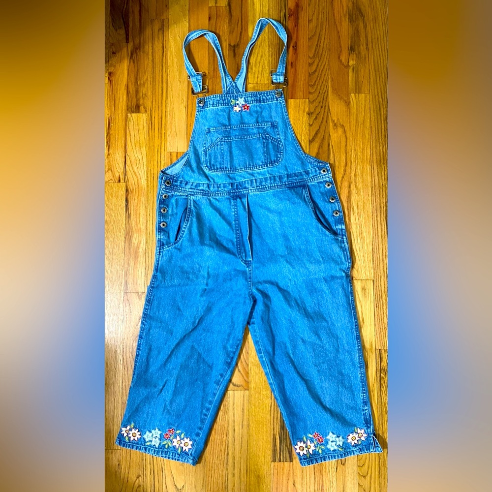 Vintage Agapo Denim Overalls floral embroidered women’s LG capris cottagecore